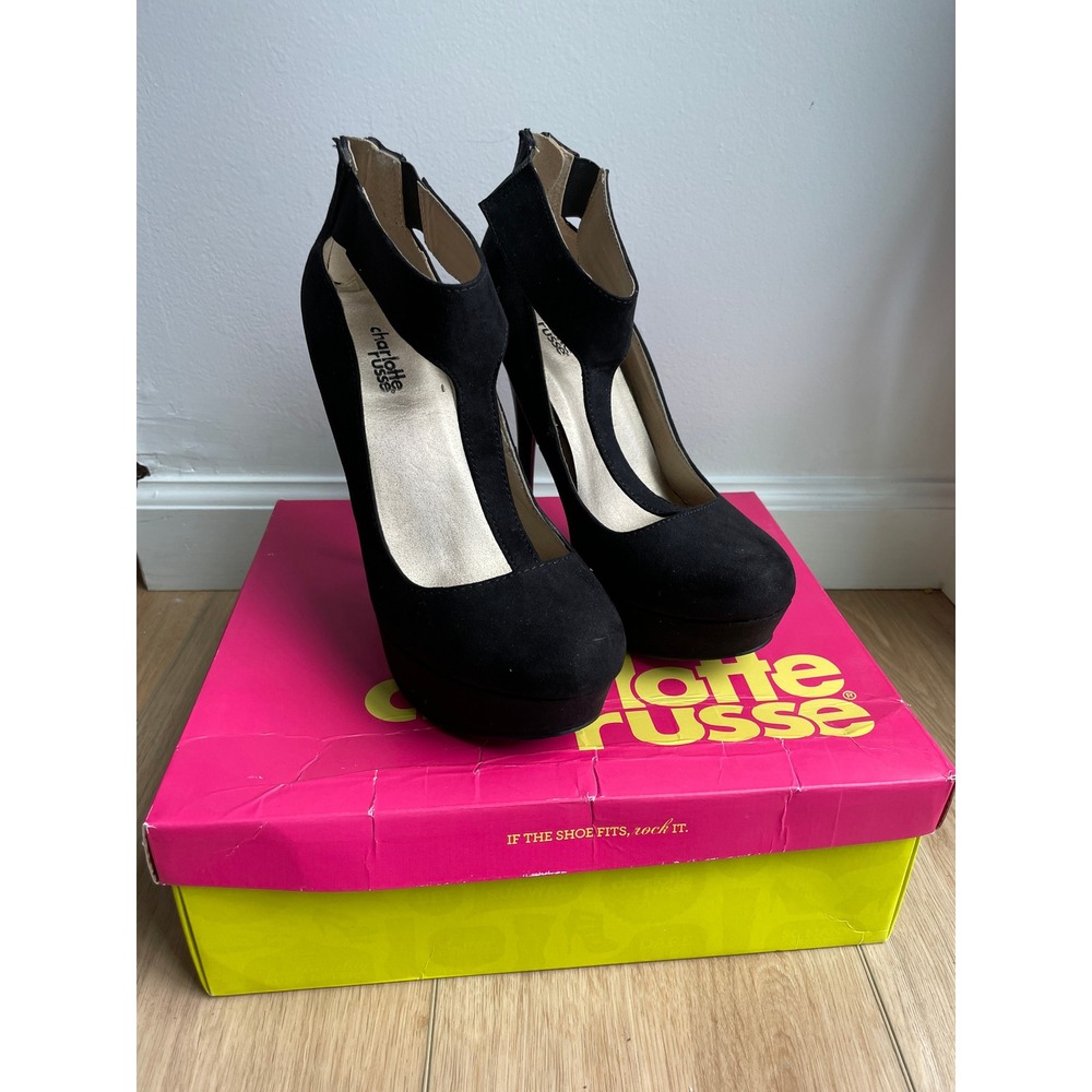 Charlotte Russe Black Suede PU T-Strap Platform Pumps Heels Size 8 NEUTRAL-202X